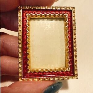 Mini Enameled Picture Frame • Red & Gold • Velvet Back • Glass Front • 1.5” x 2”